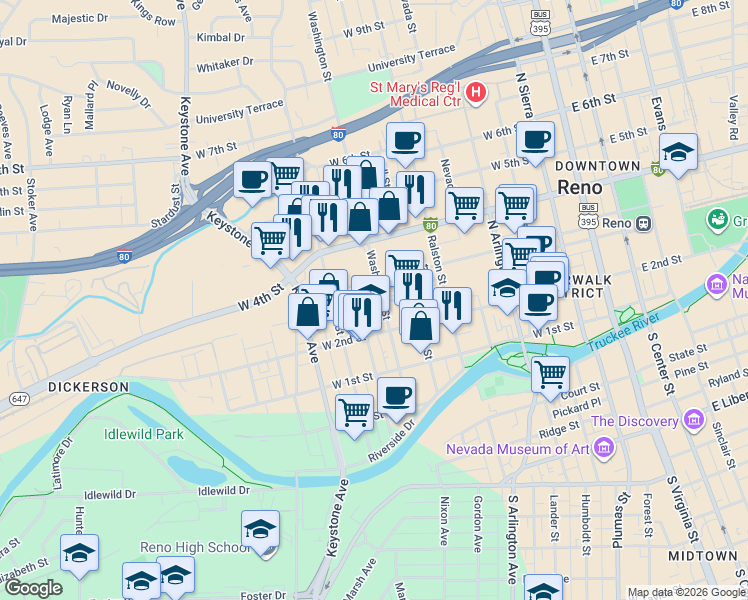 map of restaurants, bars, coffee shops, grocery stores, and more near 291 Washington Street in Reno