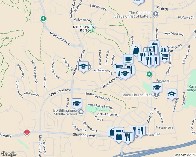 map of restaurants, bars, coffee shops, grocery stores, and more near 1570 Havencrest Drive in Reno