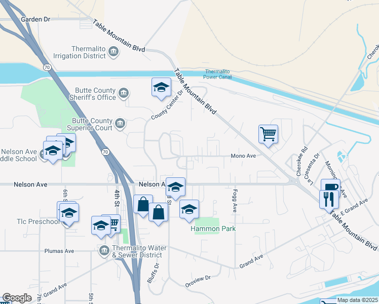 map of restaurants, bars, coffee shops, grocery stores, and more near 136 Mono Avenue in Oroville