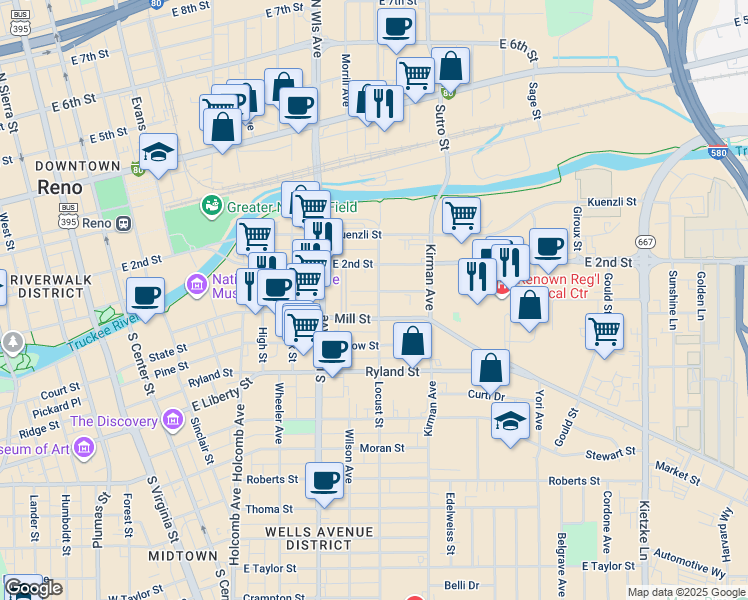 map of restaurants, bars, coffee shops, grocery stores, and more near 803 Aitken Street in Reno