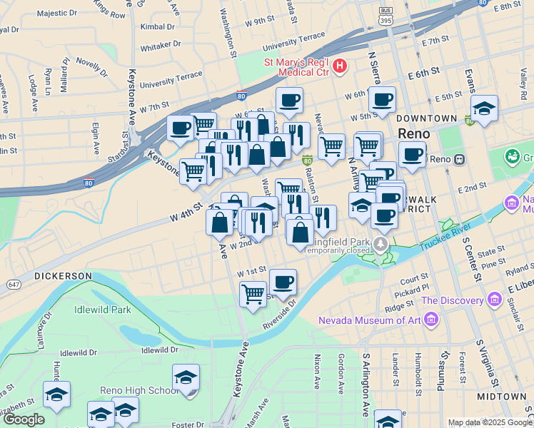 map of restaurants, bars, coffee shops, grocery stores, and more near 291 Washington Street in Reno