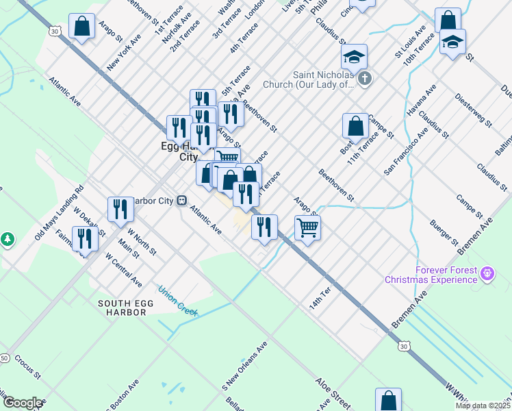 map of restaurants, bars, coffee shops, grocery stores, and more near 117 Saint Louis Avenue in Egg Harbor City