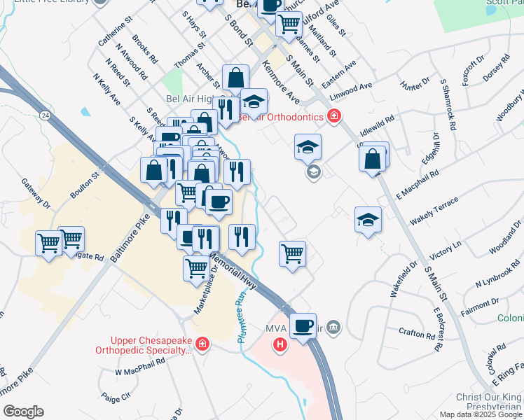 map of restaurants, bars, coffee shops, grocery stores, and more near 602 South Atwood Road in Bel Air
