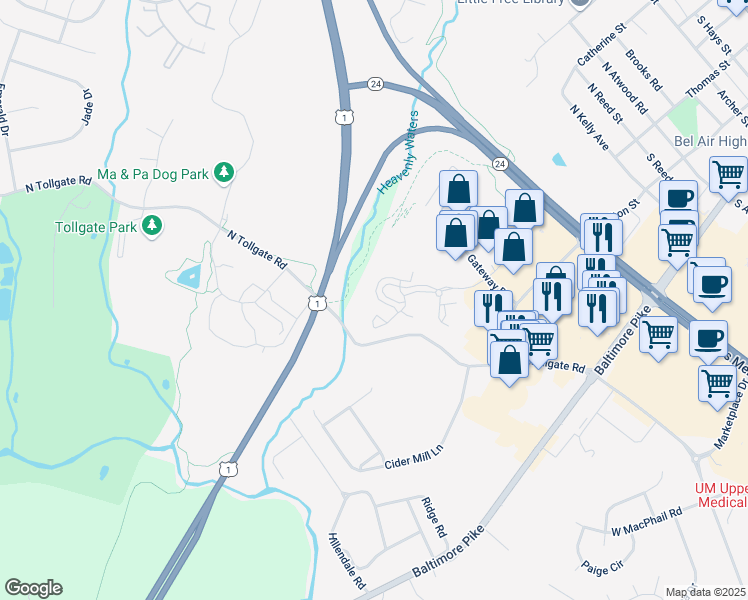 map of restaurants, bars, coffee shops, grocery stores, and more near 304 Canterbury Road in Bel Air