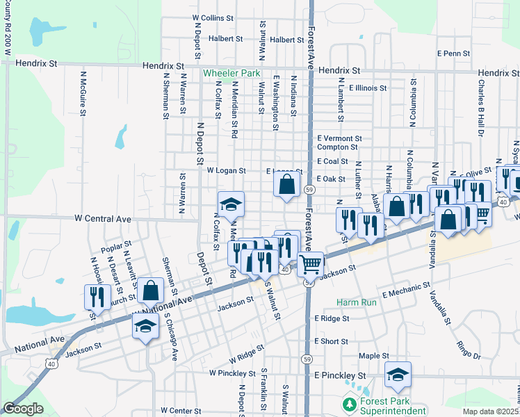 map of restaurants, bars, coffee shops, grocery stores, and more near 515 N Walnut St in Brazil
