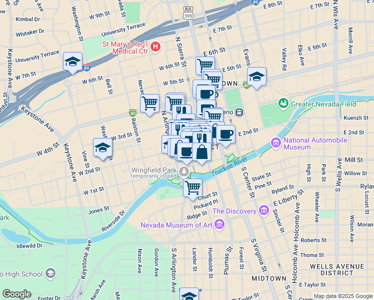 map of restaurants, bars, coffee shops, grocery stores, and more near 130 West 2nd Street in Reno
