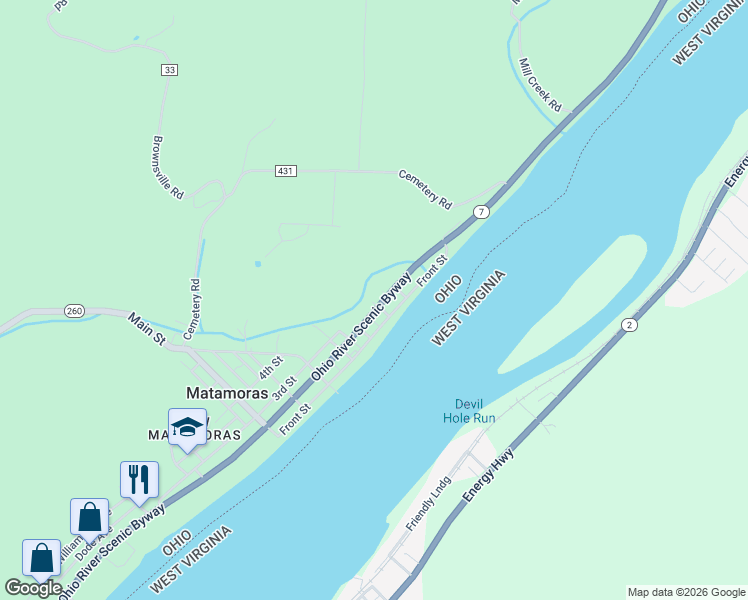 map of restaurants, bars, coffee shops, grocery stores, and more near 210 2nd Street in Matamoras
