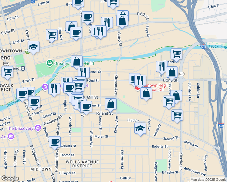 map of restaurants, bars, coffee shops, grocery stores, and more near 85 Kirman Avenue in Reno