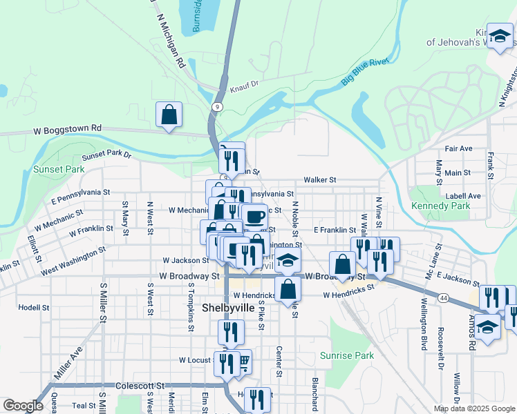 map of restaurants, bars, coffee shops, grocery stores, and more near 54 East Mechanic Street in Shelbyville