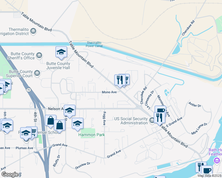 map of restaurants, bars, coffee shops, grocery stores, and more near 26 Mono Avenue in Oroville