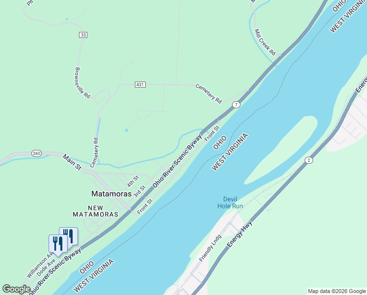 map of restaurants, bars, coffee shops, grocery stores, and more near 210 2nd Street in Matamoras
