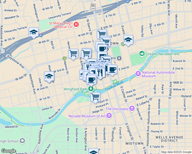 map of restaurants, bars, coffee shops, grocery stores, and more near 130 West 2nd Street in Reno