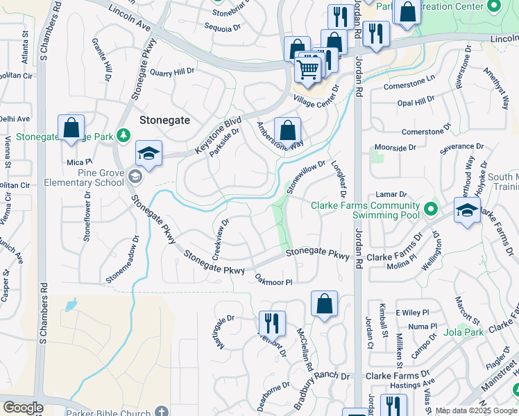 map of restaurants, bars, coffee shops, grocery stores, and more near 16433 Creekview Drive in Parker