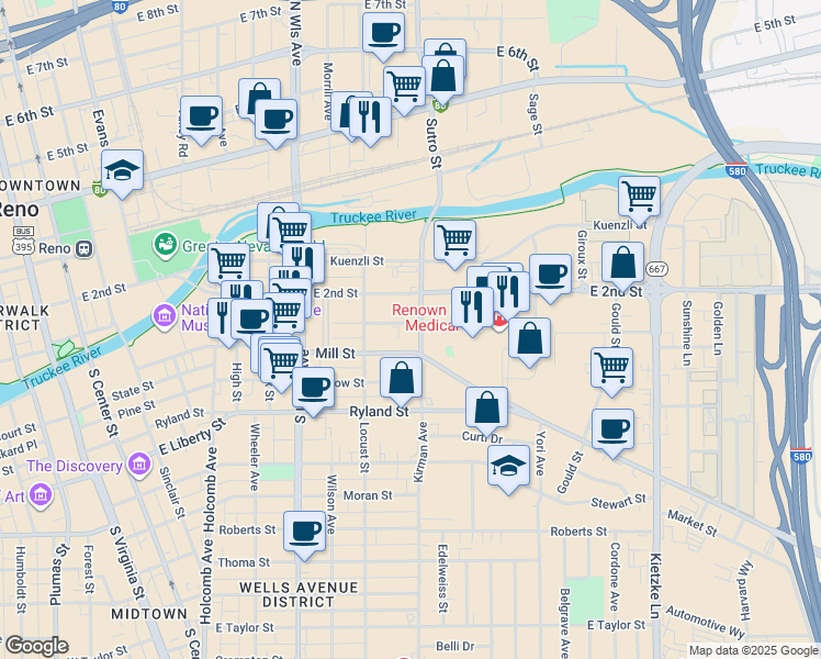 map of restaurants, bars, coffee shops, grocery stores, and more near 863 Aitken Street in Reno