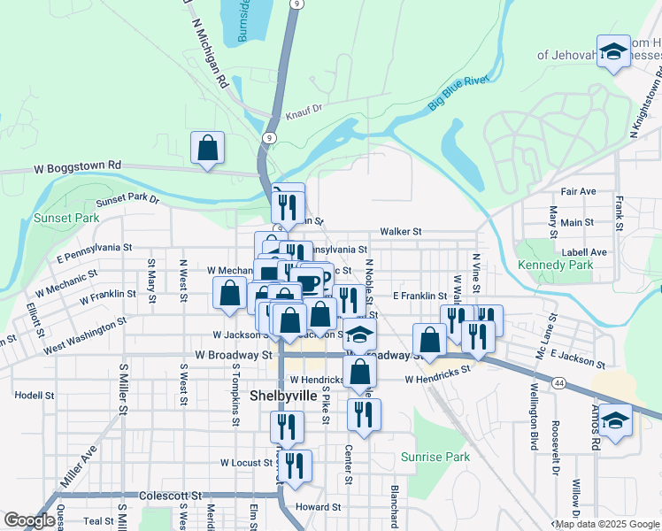 map of restaurants, bars, coffee shops, grocery stores, and more near 212 North Pike Street in Shelbyville