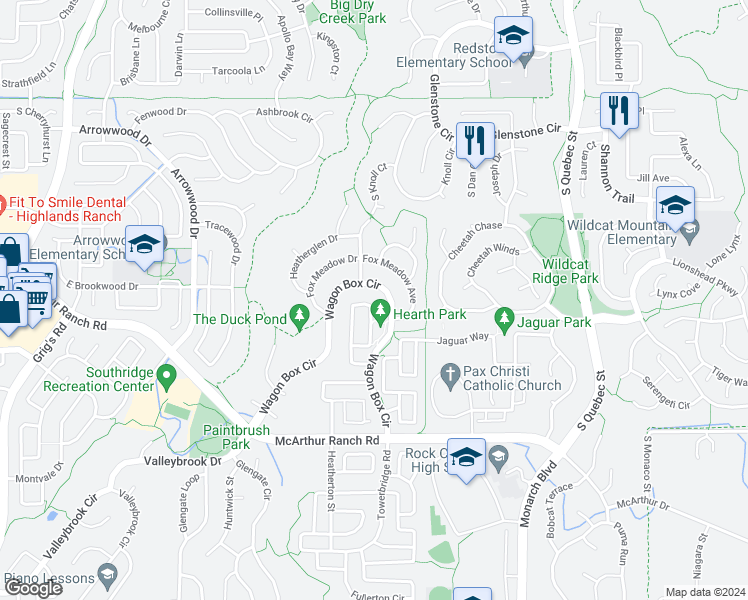 map of restaurants, bars, coffee shops, grocery stores, and more near 10501 Applebrook Circle in Littleton