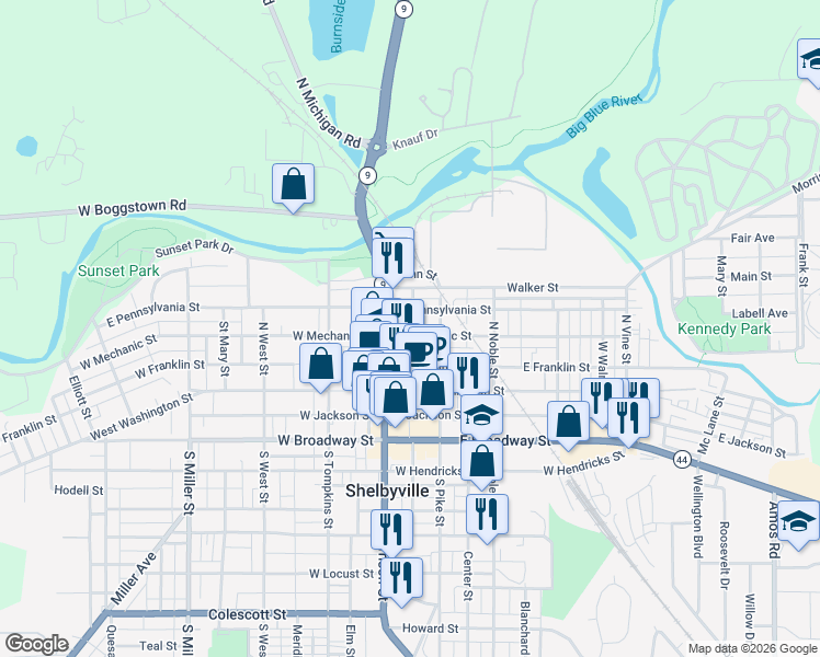 map of restaurants, bars, coffee shops, grocery stores, and more near 26 East Mechanic Street in Shelbyville
