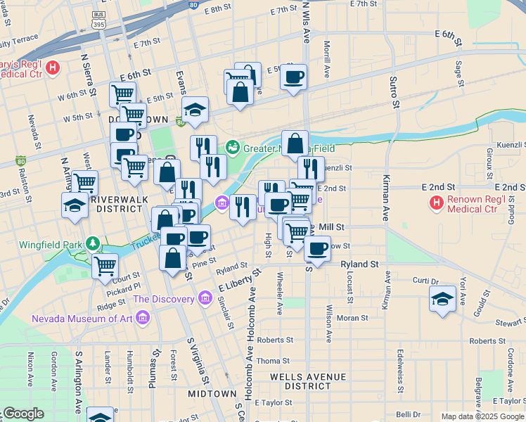 map of restaurants, bars, coffee shops, grocery stores, and more near 63 High Street in Reno