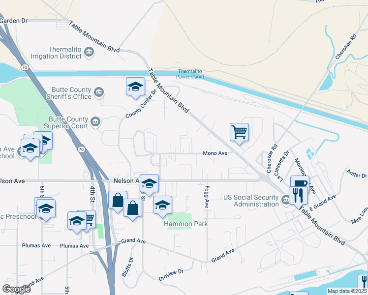 map of restaurants, bars, coffee shops, grocery stores, and more near 120 Mono Avenue in Oroville