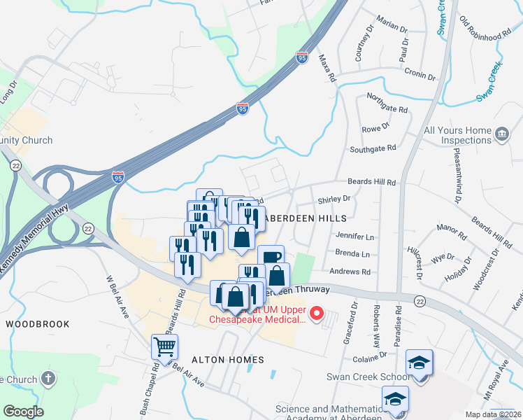 map of restaurants, bars, coffee shops, grocery stores, and more near 980 Middelton Road in Aberdeen