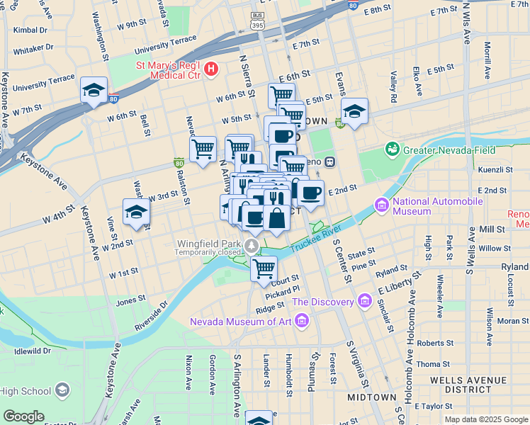 map of restaurants, bars, coffee shops, grocery stores, and more near 136 West 2nd Street in Reno