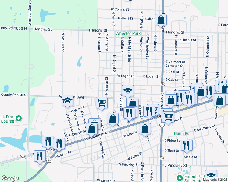 map of restaurants, bars, coffee shops, grocery stores, and more near 401 North Depot Street in Brazil