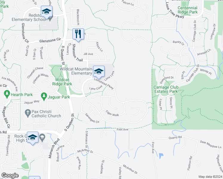 map of restaurants, bars, coffee shops, grocery stores, and more near 10422 Tiger Run in Lone Tree