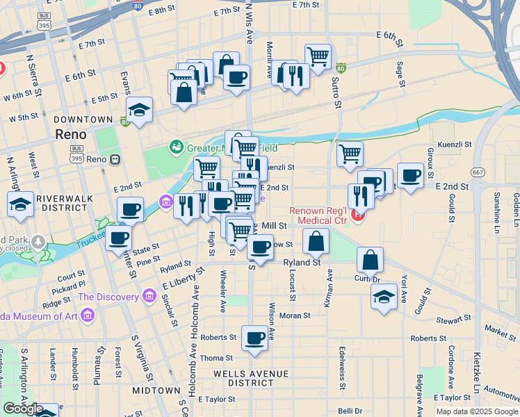 map of restaurants, bars, coffee shops, grocery stores, and more near 735 Mill Street in Reno