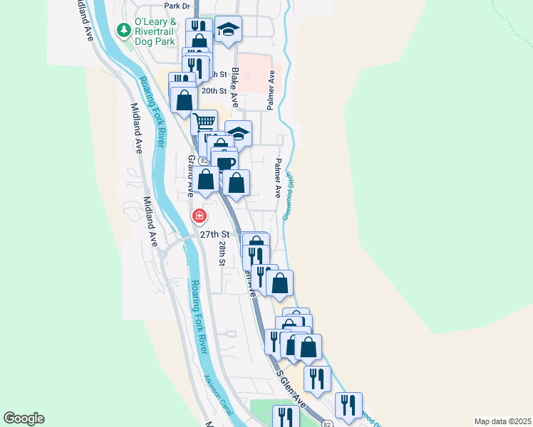 map of restaurants, bars, coffee shops, grocery stores, and more near 519 26th Street in Glenwood Springs