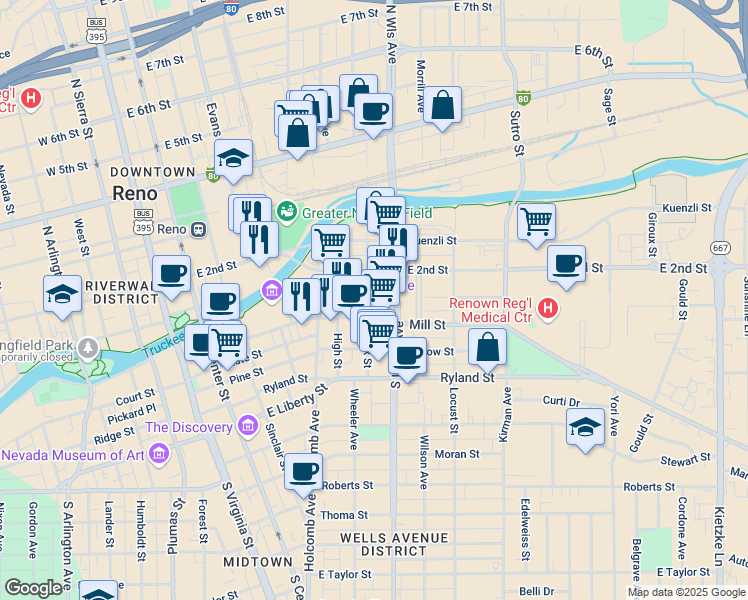 map of restaurants, bars, coffee shops, grocery stores, and more near 71 South Wells Avenue in Reno
