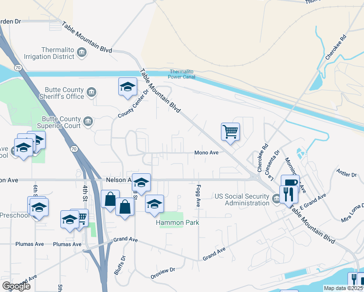 map of restaurants, bars, coffee shops, grocery stores, and more near 120 Mono Avenue in Oroville