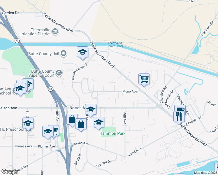 map of restaurants, bars, coffee shops, grocery stores, and more near 122 Mono Avenue in Oroville