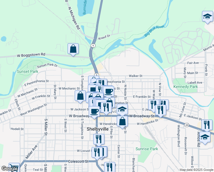 map of restaurants, bars, coffee shops, grocery stores, and more near 26 East Mechanic Street in Shelbyville