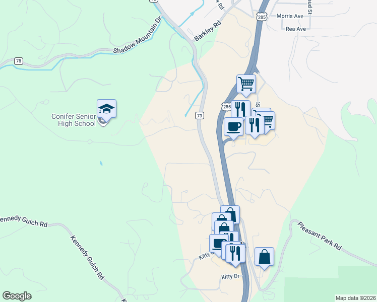 map of restaurants, bars, coffee shops, grocery stores, and more near 10511 County Road 73 in Conifer