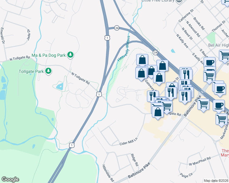map of restaurants, bars, coffee shops, grocery stores, and more near 306 Canterbury Road in Bel Air