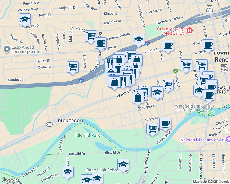 map of restaurants, bars, coffee shops, grocery stores, and more near 1155 West 4th Street in Reno