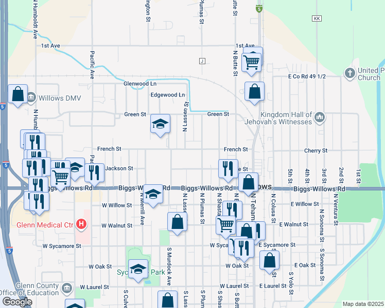 map of restaurants, bars, coffee shops, grocery stores, and more near 428 French Street in Willows