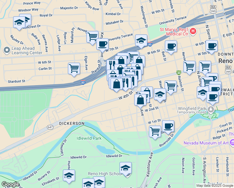 map of restaurants, bars, coffee shops, grocery stores, and more near 1155 West 4th Street in Reno