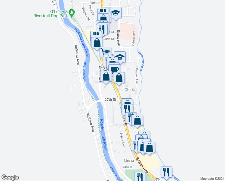 map of restaurants, bars, coffee shops, grocery stores, and more near 2562 South Grand Avenue in Glenwood Springs