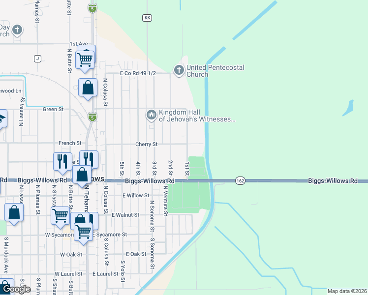 map of restaurants, bars, coffee shops, grocery stores, and more near 788 Cherry Street in Willows
