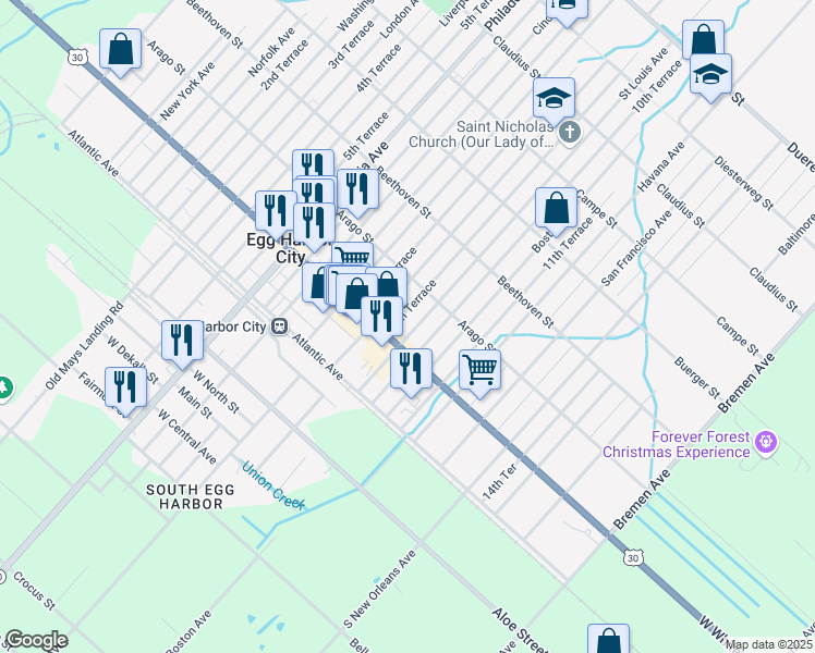 map of restaurants, bars, coffee shops, grocery stores, and more near 117 Saint Louis Avenue in Egg Harbor City