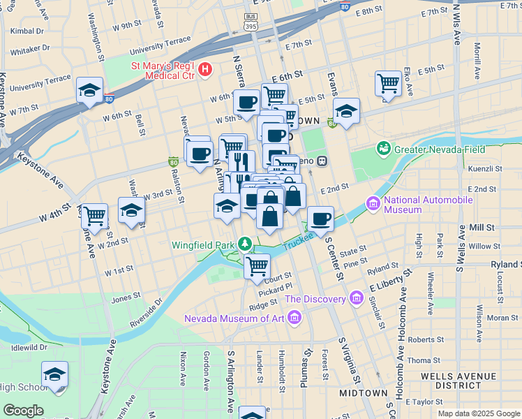 map of restaurants, bars, coffee shops, grocery stores, and more near 130 West 2nd Street in Reno