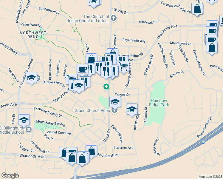 map of restaurants, bars, coffee shops, grocery stores, and more near 5920 Blue Horizon Court in Reno