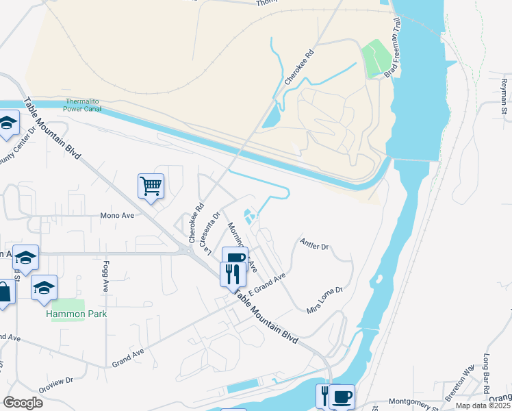 map of restaurants, bars, coffee shops, grocery stores, and more near 60 La Cresenta Drive in Oroville