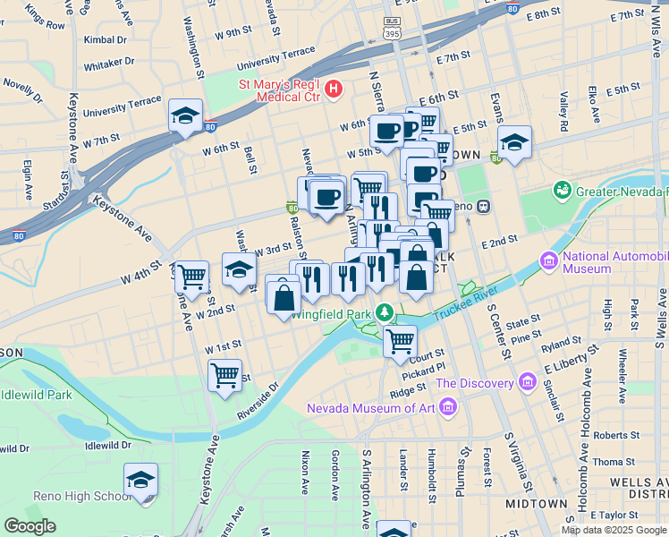 map of restaurants, bars, coffee shops, grocery stores, and more near 401 Church Lane in Reno