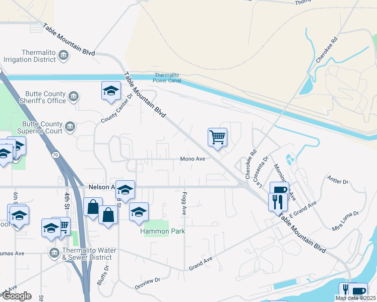 map of restaurants, bars, coffee shops, grocery stores, and more near 271 Table Mountain Boulevard in Oroville