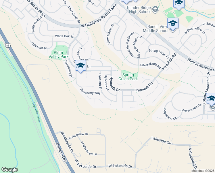 map of restaurants, bars, coffee shops, grocery stores, and more near 10506 Hyacinth Place in Littleton