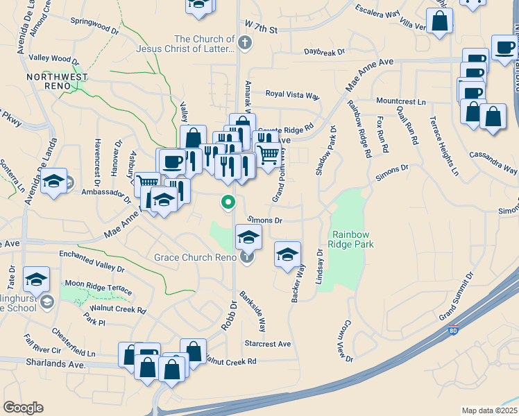 map of restaurants, bars, coffee shops, grocery stores, and more near 5920 Blue Horizon Court in Reno