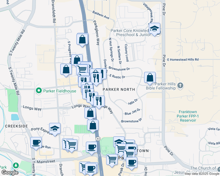 map of restaurants, bars, coffee shops, grocery stores, and more near 11286 Donley Drive in Parker