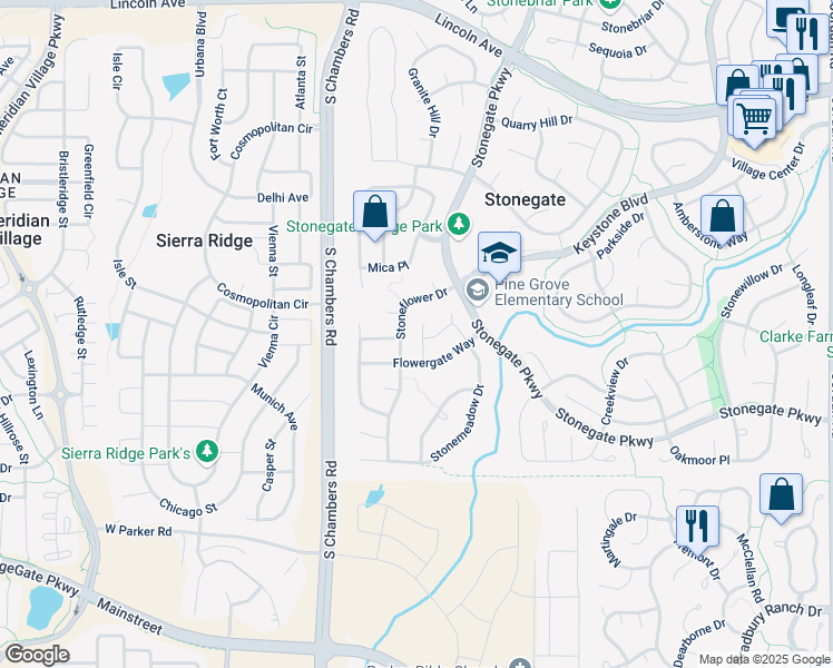 map of restaurants, bars, coffee shops, grocery stores, and more near 10435 Flowerhill Ct in Parker